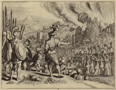 The trumpets of Joshua bringing down the walls of Jericho by European School
