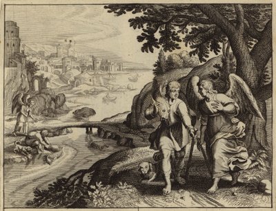 Tobias removing the entrails of a fish as commanded by the Angel by European School