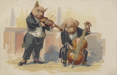 Two Pigs Playing Musical Instruments by European School