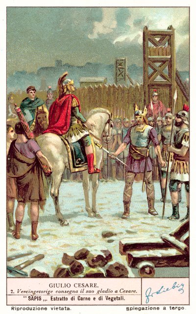Vercingetorix surrendering his sword to Julius Caesar after the Siege of Alesia, 52 BC by European School