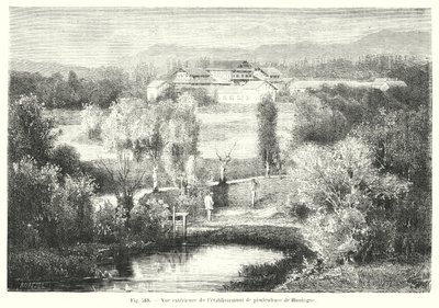 Exterior View of the Fish Farming Establishment of Huningue (engraving) by European School