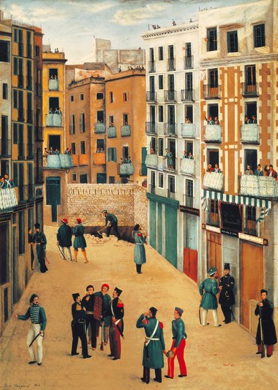 Members of the Troops Revolt Against the Government of Espartero Speaking to the Members of Batallo de la Brusa (Blouse Battalion) in the Street de la Bajada de la Llibreteria in Barcelona by Eusebio Valldeperas y Merich