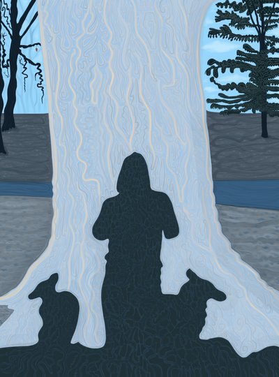 Shadow of Man and Dogs on Large Tree Trunk, Brooklyn by Evan Sklar