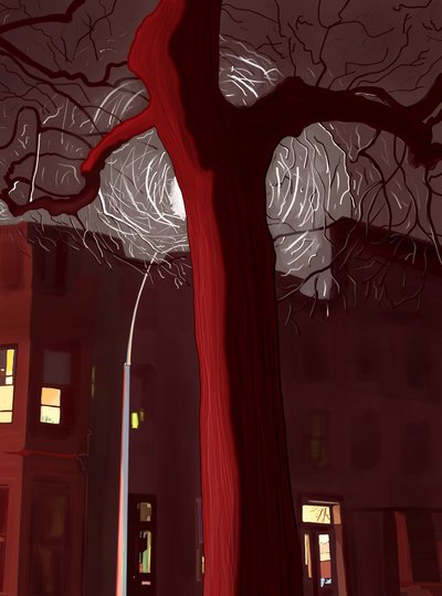 Street and Tree at Night Lit By Sirens and Street Lamp by Evan Sklar