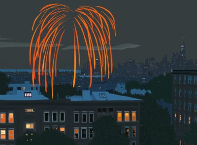 View of New York Harbor and Skyline with Fireworks Seen from Brooklyn by Evan Sklar