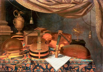 A Guitar, a Cello, Lutes, a Musical Score and Other Books, a Gilt Ewer and an Armillary Sphere on a Draped Table, a Column Beyond and a Curtain Above by Evaristo Baschenis
