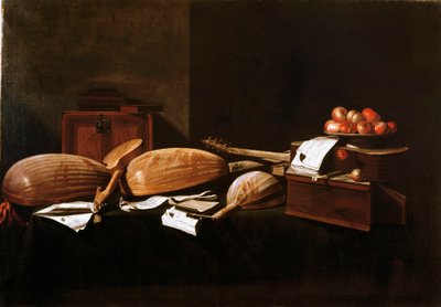 Still life with Peaches and musical instruments. Painting by Evaristo Baschenis 17th century by Evaristo Baschenis
