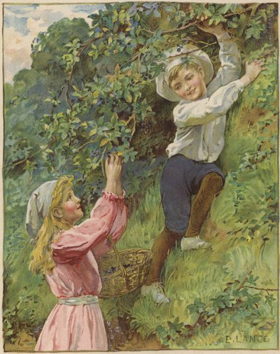 A young girl and a young boy picking blackberries by Eveline Lance