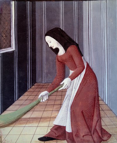 French society in the Middle Ages: A handmaid sweeping by Everard de Espinques