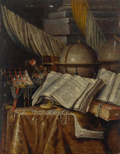 Vanitas Still Life with a Globe, Books, and a Box of Jewels All Resting on a Draped Table by Evert Collier