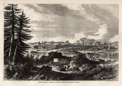 View of Victoria-Vancouver, capital of British Columbia, drawing by Auguste de Berard, to illustrate the exploration of the Rocky Mountains in 1857-59 by Captain John Palliser. Engraving in "Le tour du monde, nouveau journal des voyages" Paris by Evremond de (after) Berard