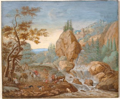 Mountain Landscape with a Hunting Party in the Foreground by F.C. van Bracht