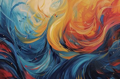 Abstract Painting in Waves of Orange, Blue & Yellow by F. Abderrahim