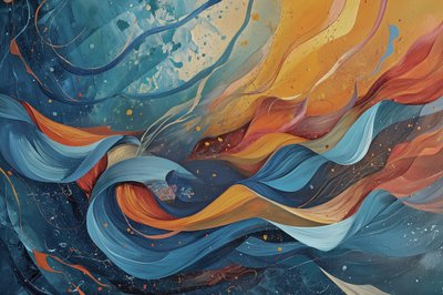 Abstract Painting in Waves of Blue, Orange & Yellow by F. Abderrahim