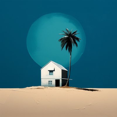 Abstract Cottage by the Beach with a Palm Tree by F. Abderrahim