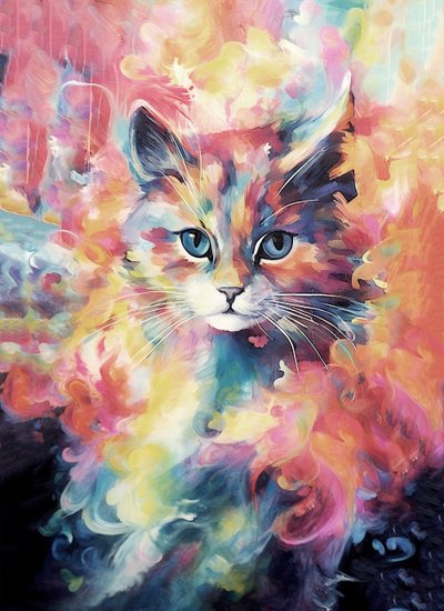 Abstract Painting of a Cat in Bright Vivid Colors by F. Abderrahim