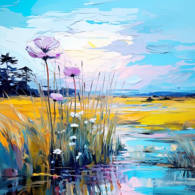 Blue Flowers, Abstract Blue Flowers in Sunrise Landscape by F. Abderrahim