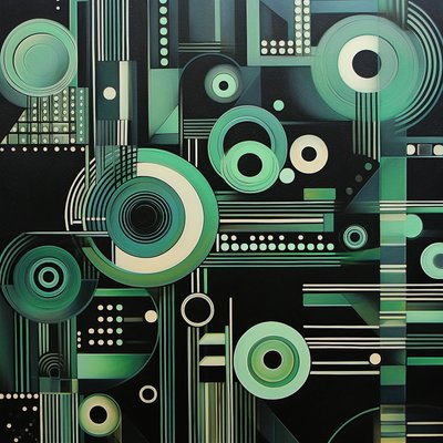 Complex Geometric Painting on Dark Black Background by F. Abderrahim