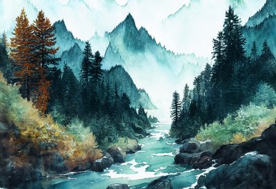 Fantasy Oceanside Alpine Forest with Rivers and Hills by F. Abderrahim