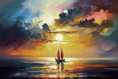 Sailing Boat Seascape, Orange Sunset by F. Abderrahim