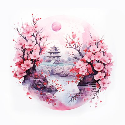 Japanese Traditional Home Garden with Flowers, Wall Art Print by F. Abderrahim