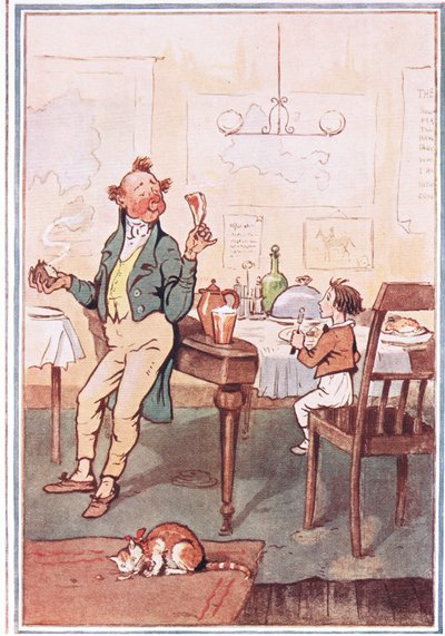 He took a chop by the bone in one hand and a potato in the other, illustration from David Copperfield, 1914 by F. M. B. Blaikie