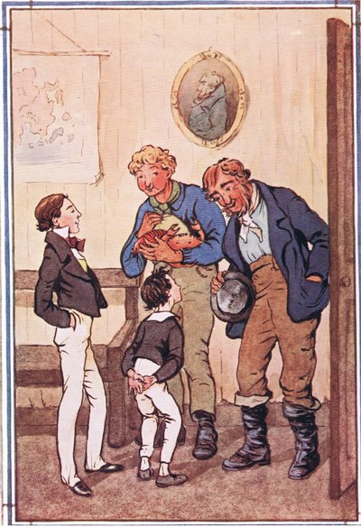 Mr. Peggotty took two prodigious lobsters and an enormous crab and a large canvas bag of shrimps out of his pockets, illustration from David Copperfield, 1914 by F. M. B. Blaikie