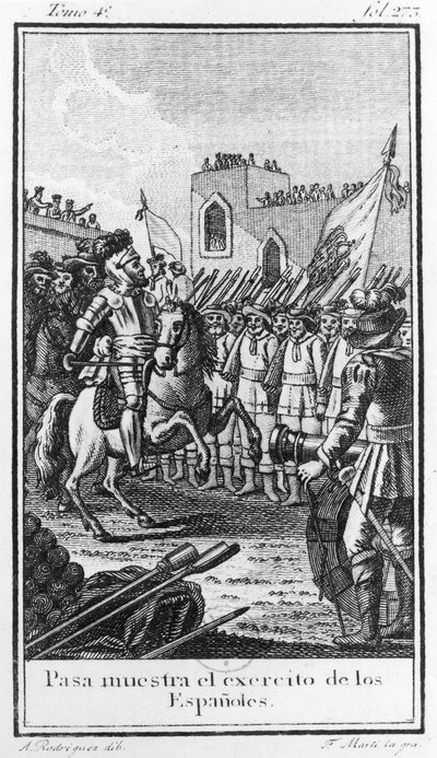 Hernando Cortes Reviewing his Troops, engraved by Antonio Rodriquez by F. Marti