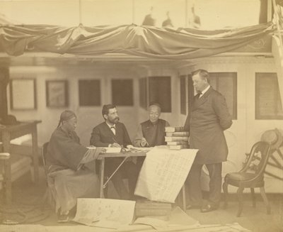 Chinese Interpreters with Secretary Drew and Minister Low in Cabin of the U.S. Flag Ship Colorado by Felice Beato