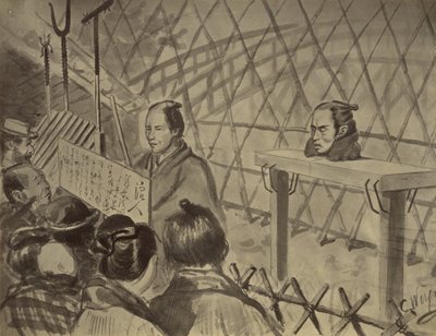 Photographic Copy of a Drawing of the Head on a Table of a Beheaded Man by Charles Wirgman by Felice Beato