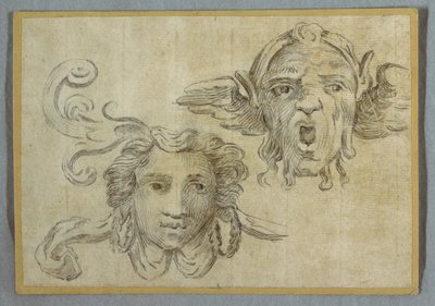 Mask with Garland and Ears; Mask with Beard and Ears of Satyr by Felice Giani
