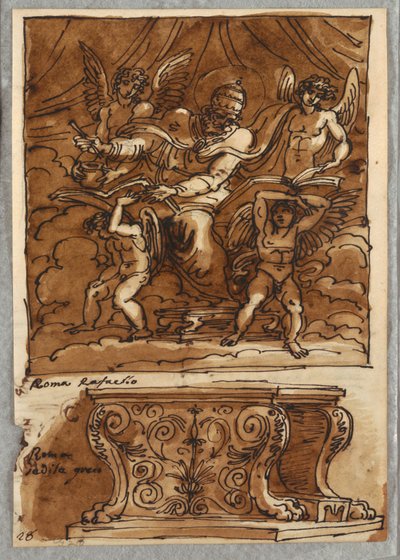 Pope Gregorio VII and Four Angels, Study after Raphael "Persons of the Papacy"; Antique Bench by Felice Giani