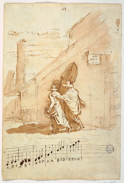 Recto: Three Musicians in Front of the Albergo Della Pace, 1810 by Felice Giani