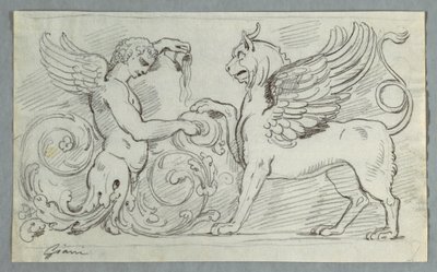 Sculptured Frieze with Half-Figure of Winged Boy and Griffon by Felice Giani