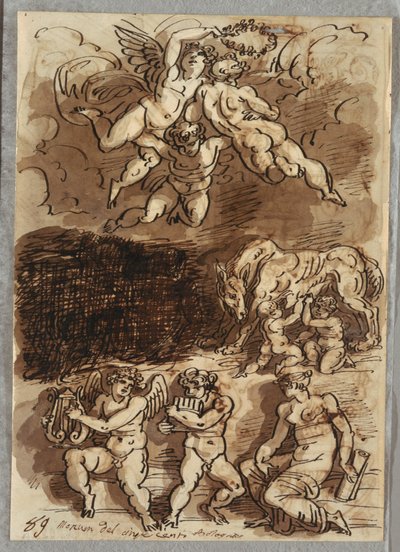 Three Putti with Garland; Romulus and Remus Breastfeeding from She-Wolf; Two Putti Playing Cymbals by Felice Giani