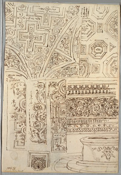 Two Decorative Studies of Ceilings; Verso: Studies of Heads by Felice Giani