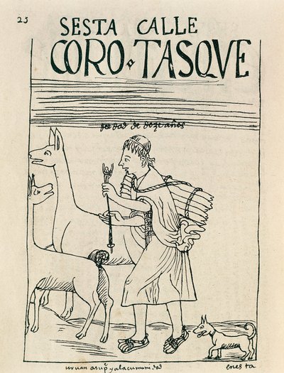 A young man herding llamas and gathering wood (Ink drawing) by Felipe Huaman Poma de Ayala