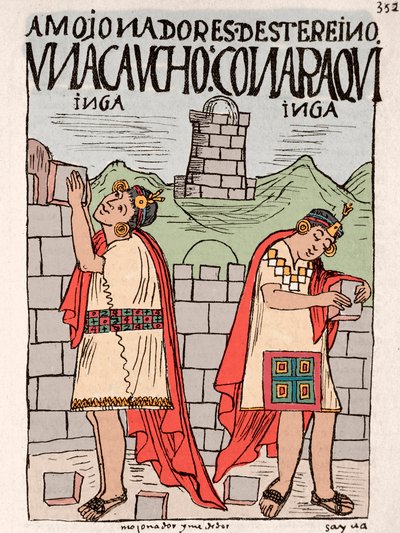 Inca Empire: Incas building attics, public and religious buildings (Ink drawing from the manuscript 