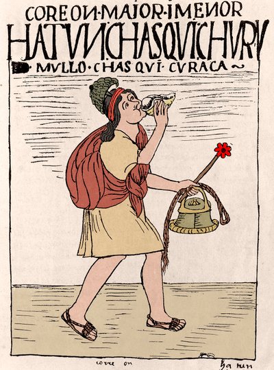 Inca Empire: a Chasquis (or Chaskis), messenger runner, with a qipi on his back and holding a Quipu (Quipo, Quipou) - He plays pututo (trumpet in conch shell) - Ink drawing from the manuscript 