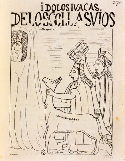 Inca offering llama to idols (Engraving) by Felipe Huaman Poma de Ayala