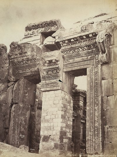 Entrance to the Temple of Jupiter or the Temple of the Sun, in the archeological zone of Heliopolis or Baalbek, ancient Syrian city, now Lebanon by Félix Bonfils