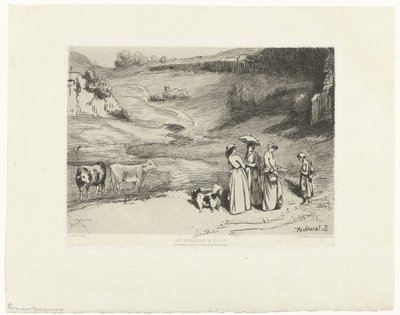 Young Women Giving Money to Shepherdess in Hilly Landscape by Felix Bracquemond