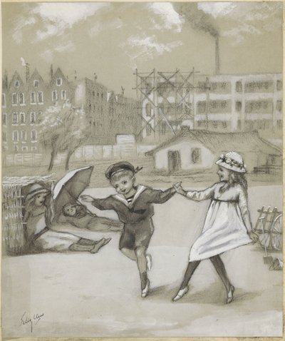 Dancing Boy and Girl in a City Park or Playground by Felix Hess (signed by artist)