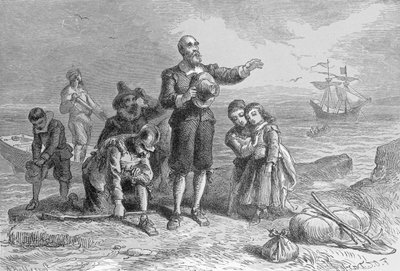 Landing of the Pilgrims, 1620, engraved by A. Bollett, from 