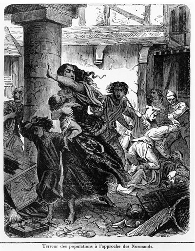 Terror of the Frankish population before the onslaught of the Normans in the 9th century by Felix Philippoteaux