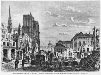 Paris, demolition of a part of the Cite to extend the buildings of the new Hotel-Dieu, engraved by Charles Barbant by Felix Thorigny