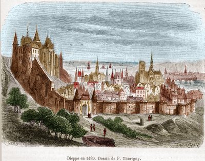 The city of Dieppe with its castle (Seine Maritime) in Normandy in 1489. by Felix Thorigny