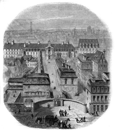 View of the Gobelins tapestry factory in Paris, with the Capuchins convent, the Observatory and the castle of the Queen Blanche. Engraving by Thorigny by Felix Thorigny