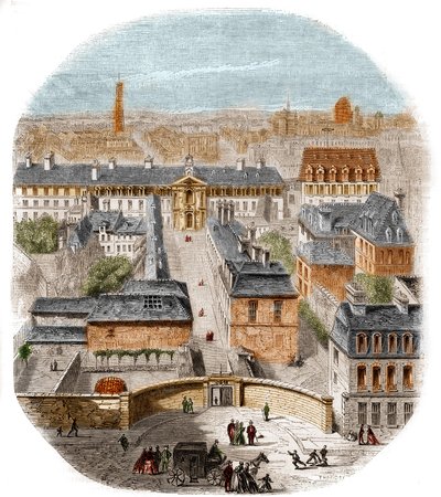 View of the Gobelins tapestry factory in Paris, with the Capuchins convent, the Observatory and the castle of the Queen Blanche. Engraving by Thorigny by Felix Thorigny