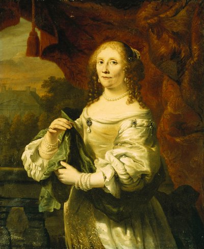 Portrait of a Lady, Standing Three-Quarter Length, Wearing a White Satin Dress Draped with a Green Shawl Before a Red Curtain on a Balcony, a Landscape Beyond by Ferdinand Bol